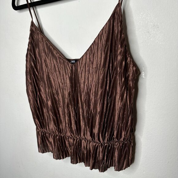 Zara Bronze Brown Travel Crinkle Satin Peplum Tank Spaghetti Strap V-Neck S - Picture 5 of 13